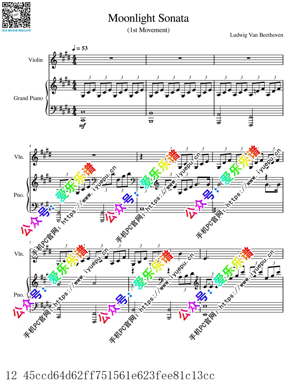 Beethovens Moonlight sonata 贝多芬月光奏鸣曲 Op.27 No.2 第一乐章 小提琴谱与钢琴伴奏谱 乐谱曲谱总谱分谱伴奏音乐在线预览试听下载
