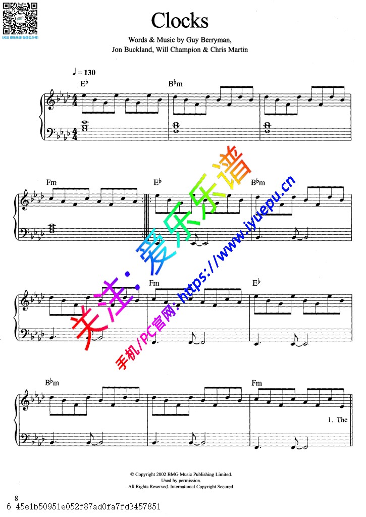 Coldplay-Guy Berryman -Clocks 歌曲 钢琴弹唱谱 乐谱曲谱总谱分谱伴奏音乐在线预览试听下载