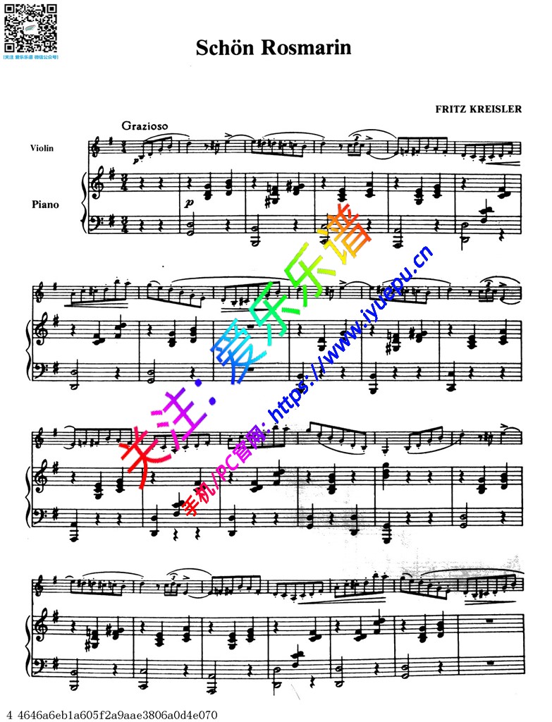 克莱斯勒Fritz Kreisler-Schon Rosmarin小提琴钢琴伴奏谱 乐谱曲谱总谱分谱伴奏音乐在线预览试听下载