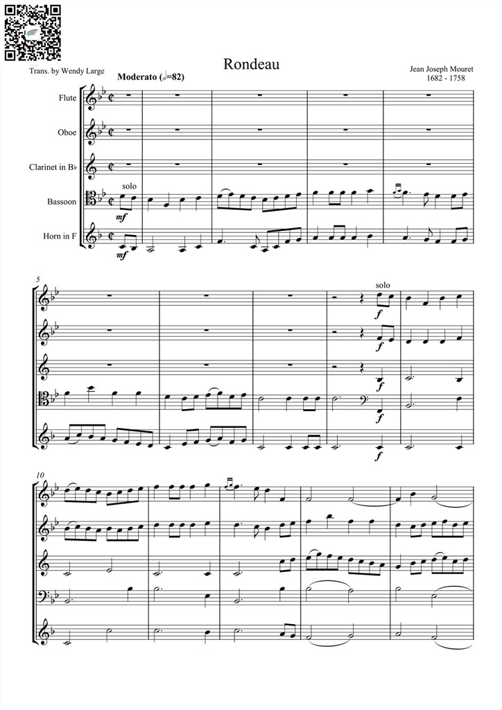 回旋曲Rondeau 木管五重奏总谱 乐谱曲谱总谱分谱伴奏音乐在线预览试听下载