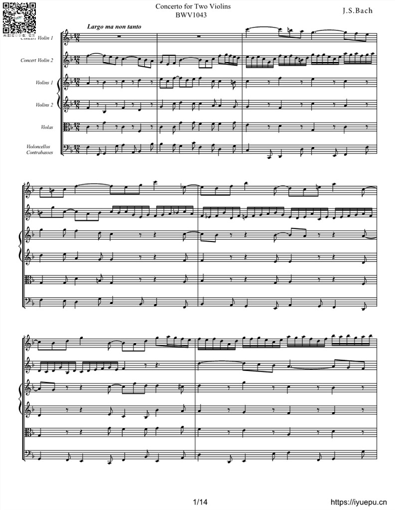 巴赫D小调双小提琴协奏曲BWV1043-II柔板 双小提与弦乐四重奏 六重奏总分谱 乐谱曲谱总谱分谱伴奏音乐在线预览试听下载