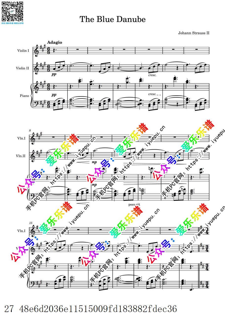 施特劳斯 蓝色多瑙河圆舞曲 Blue Danube waltz 双小提琴钢琴三重奏-总谱和分谱 乐谱曲谱总谱分谱伴奏音乐在线预览试听下载