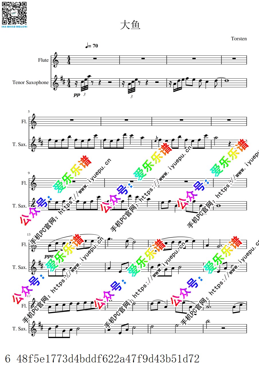 Zhou Shen周深 Big Fish 大鱼 长笛次中音萨克斯二重奏 总谱分谱 乐谱曲谱总谱分谱伴奏音乐在线预览试听下载