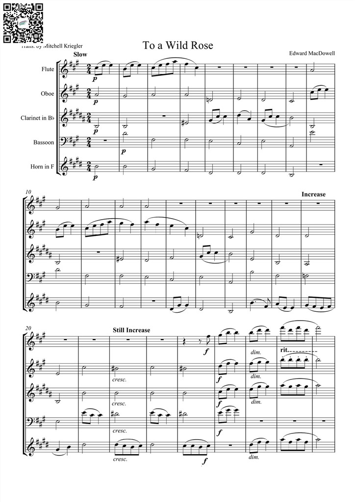 致野玫瑰 To a Wild Rose 木管五重奏 总谱 乐谱曲谱总谱分谱伴奏音乐在线预览试听下载