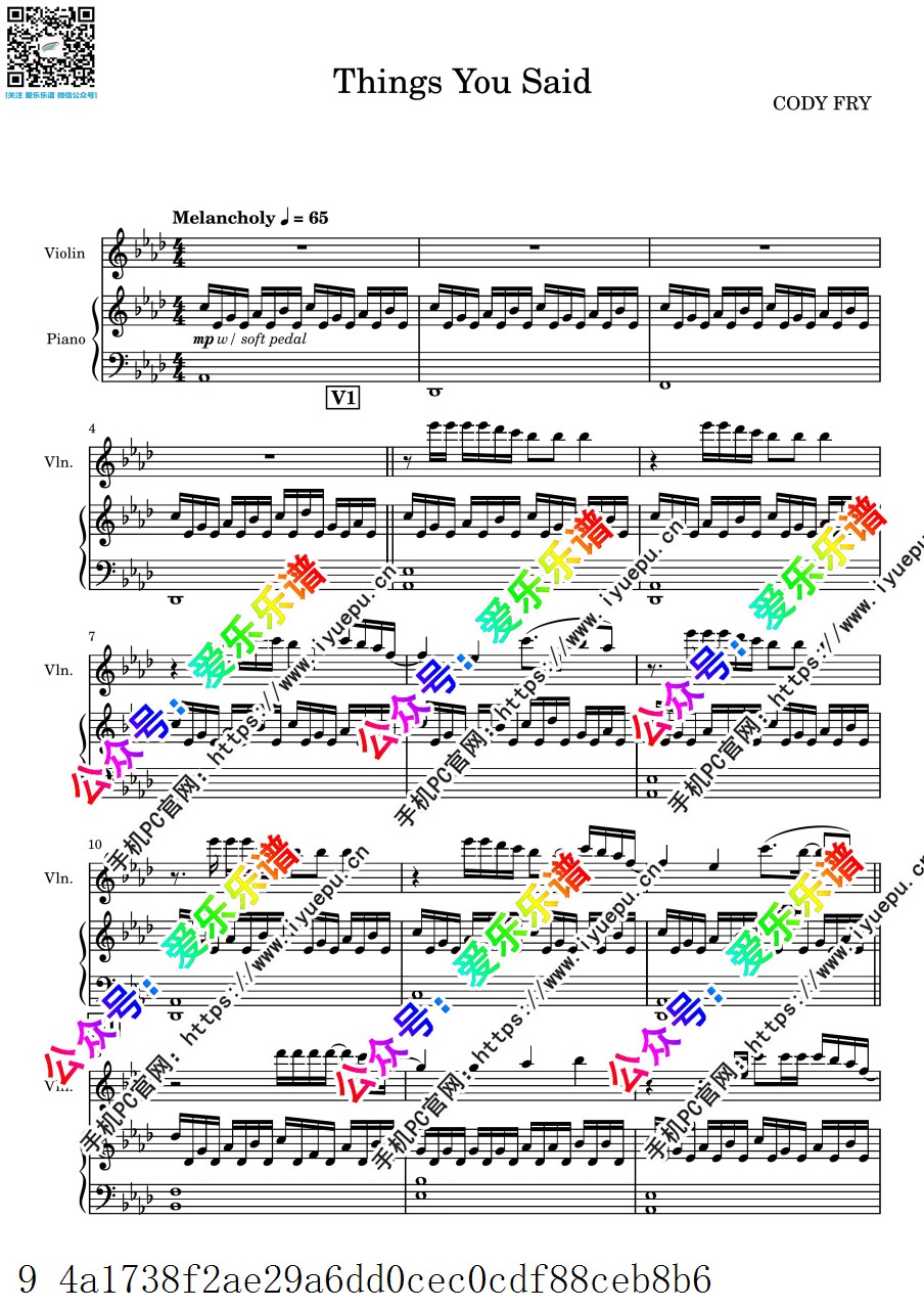 CODY FRY - Things You Said 小提琴谱与钢琴伴奏谱 总谱分谱 乐谱曲谱总谱分谱伴奏音乐在线预览试听下载