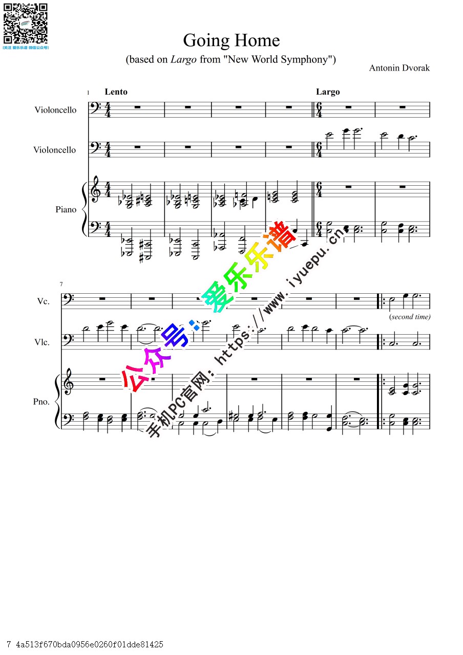 德沃夏克 第九号交响曲 “自新大陆” 第二乐章 广板 念故乡 双大提琴钢琴三重奏-总谱与分谱 乐谱曲谱总谱分谱伴奏音乐在线预览试听下载