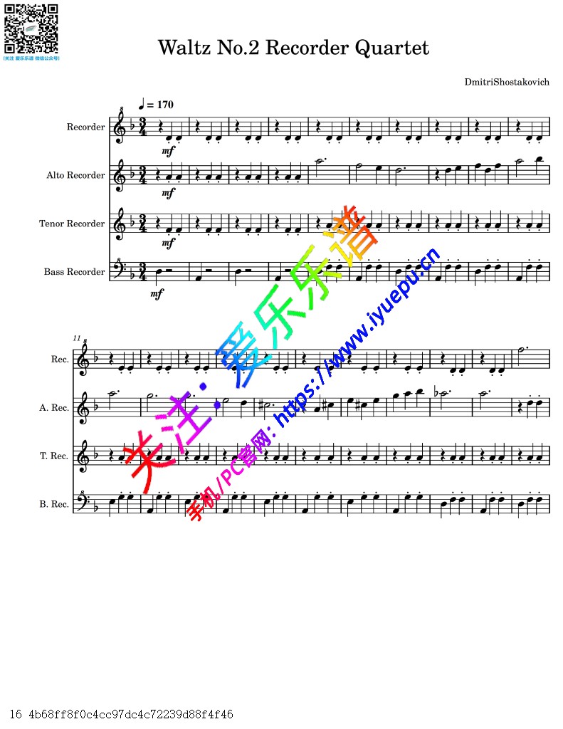 Dmitri Shostakovich 肖斯塔科维奇 第二圆舞曲 Waltz No2 4竖笛四重奏总谱与分谱 乐谱曲谱总谱分谱伴奏音乐在线预览试听下载