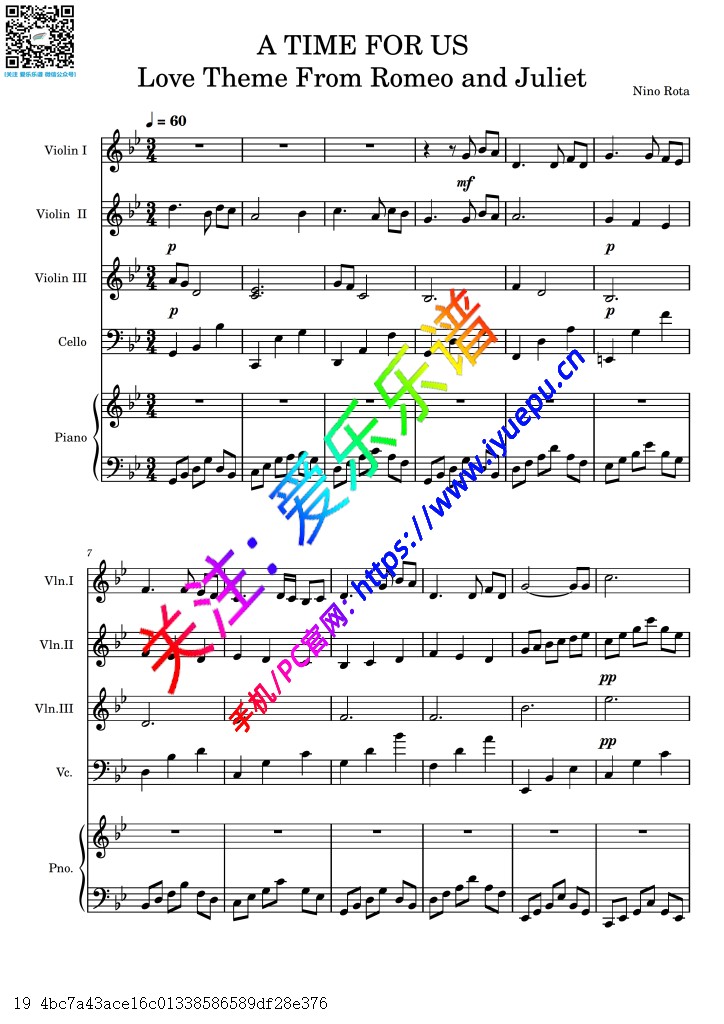罗密欧与朱丽叶主题曲 A Time For Us 我俩的时光 3小提琴大提琴钢琴五重奏总谱与分谱 乐谱曲谱总谱分谱伴奏音乐在线预览试听下载