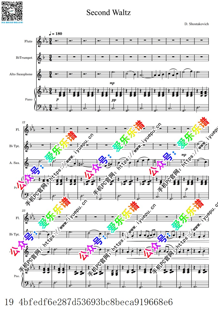 Shostakovich 肖斯塔科维奇 Second Waltz 第二圆舞曲 长笛小号萨克斯钢琴四重奏bE-总谱与分谱 乐谱曲谱总谱分谱伴奏音乐在线预览试听下载