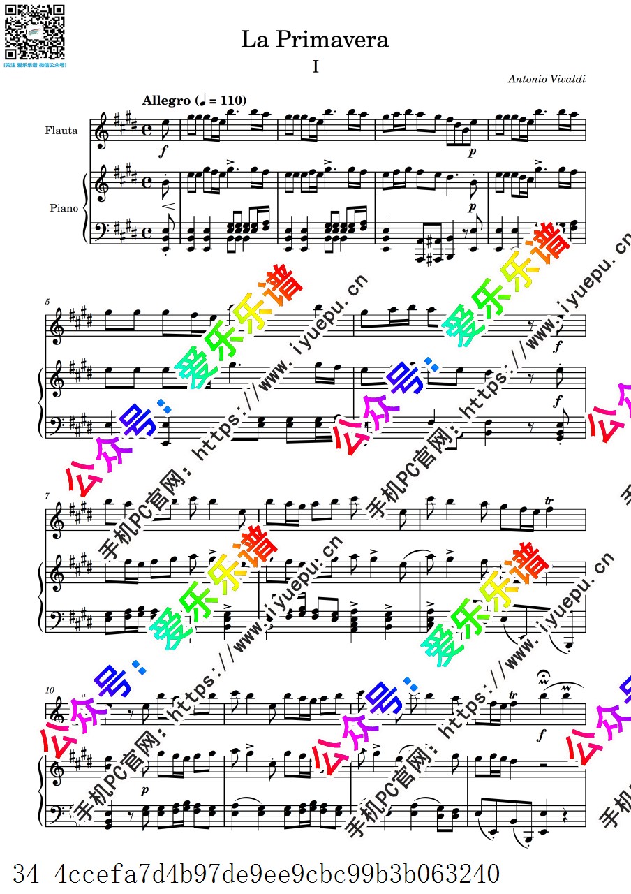维瓦尔第 四季 春 Spring Vivaldi  全三乐章 长笛谱与钢琴伴奏谱 V2 乐谱曲谱总谱分谱伴奏音乐在线预览试听下载