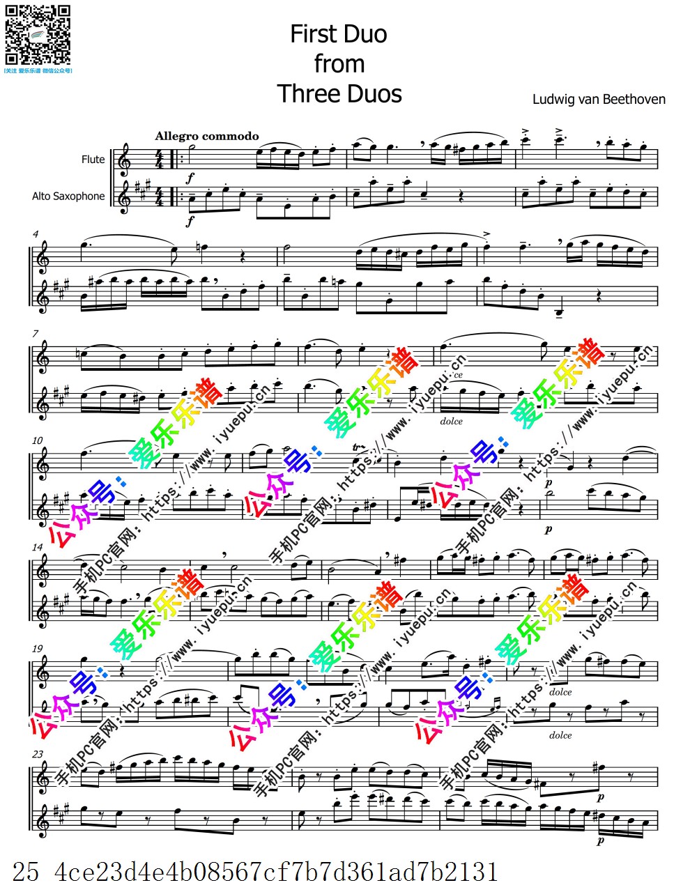 Beethoven First Duo from Three Duos 贝多芬 长笛中音萨克斯二重奏-总谱和分谱 乐谱曲谱总谱分谱伴奏音乐在线预览试听下载