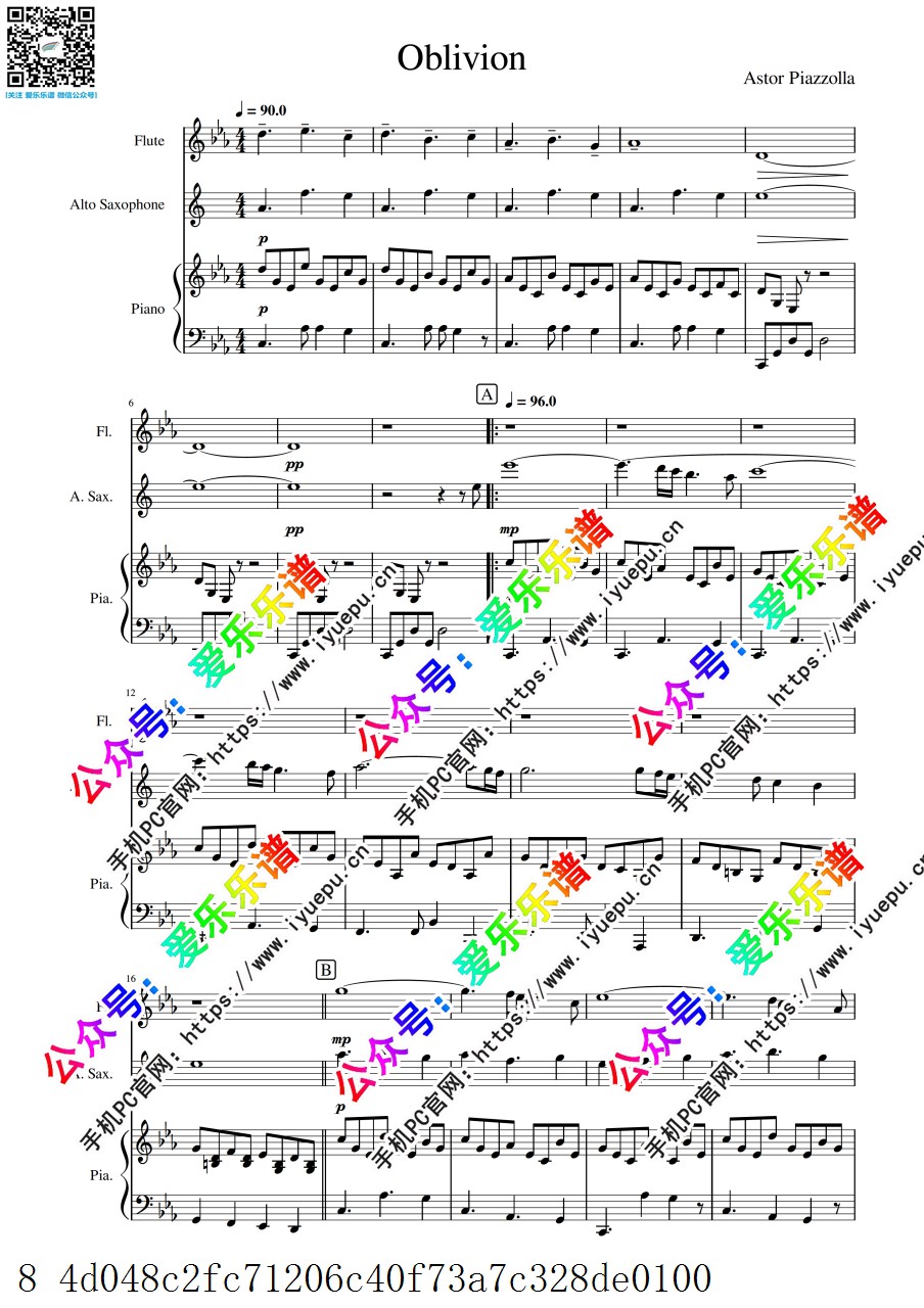 Piazzolla 皮亚佐拉 Oblivion 遗忘 长笛中音萨克斯钢琴 三重奏 总分谱 乐谱曲谱总谱分谱伴奏音乐在线预览试听下载