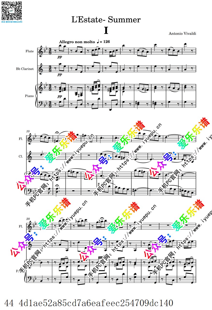 维瓦尔第 四季-夏 Summer RV315 全三乐章 长笛单簧管钢琴三重奏 总谱分谱 乐谱曲谱总谱分谱伴奏音乐在线预览试听下载
