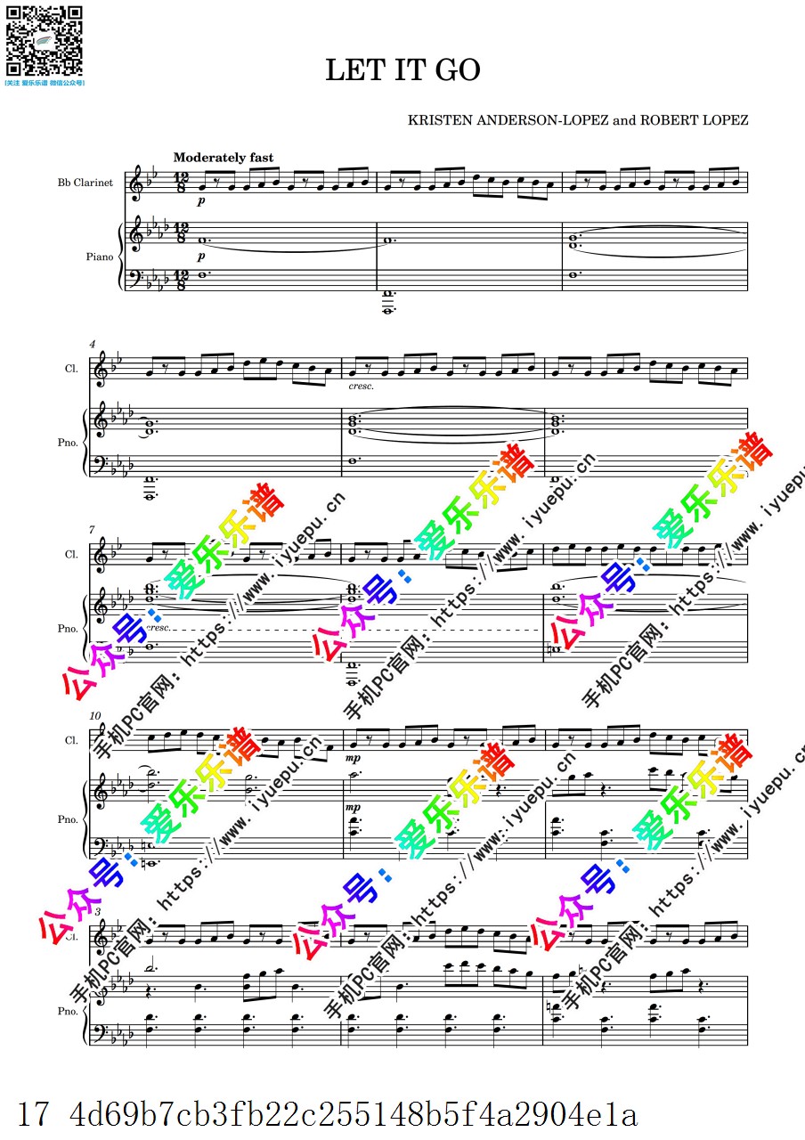 迪士尼动画 Frozen 冰雪奇缘主题曲 Let it go 单簧管谱与钢琴伴奏谱 乐谱曲谱总谱分谱伴奏音乐在线预览试听下载