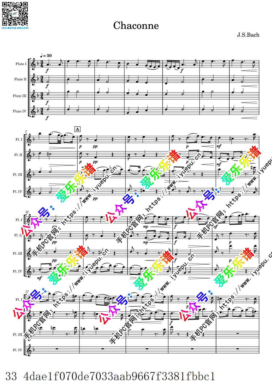 Bach巴赫 BWV1004  No.5 Chaconne 恰空 4长笛 四重奏 总分谱 乐谱曲谱总谱分谱伴奏音乐在线预览试听下载