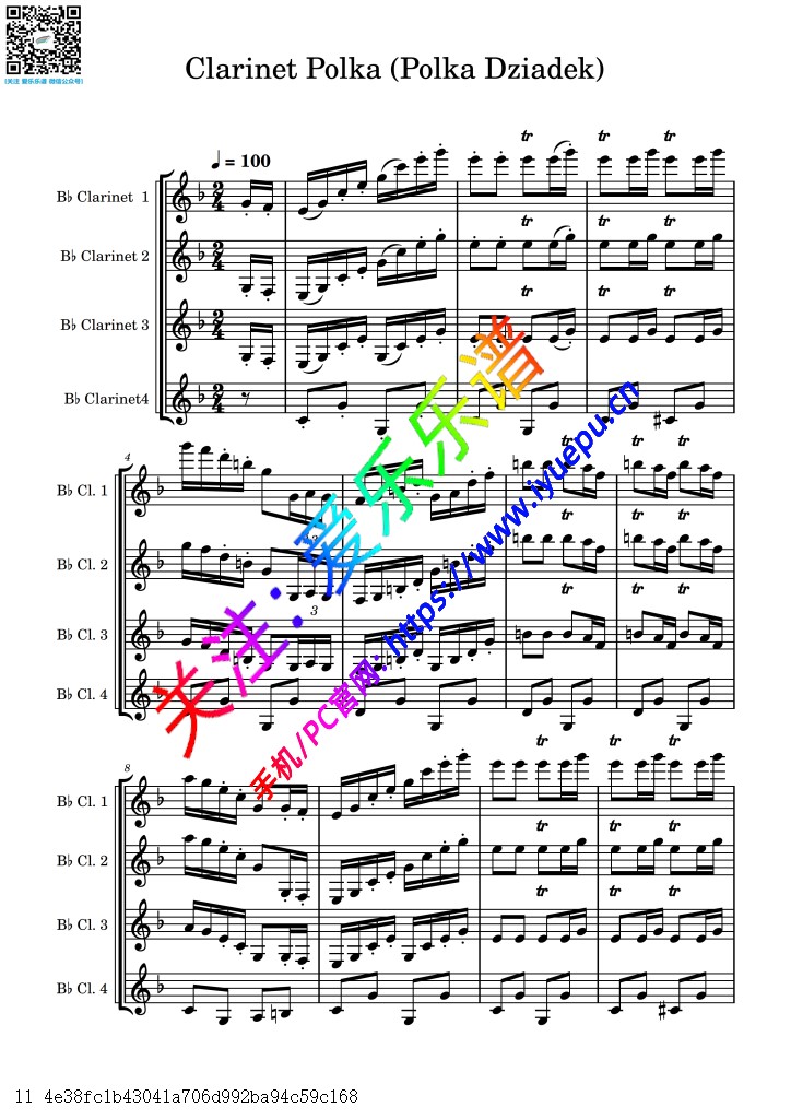 单簧管波尔卡 Clarinet Polka (Polka Dziadek) 4降B单簧管四重奏-总谱与分谱 乐谱曲谱总谱分谱伴奏音乐在线预览试听下载