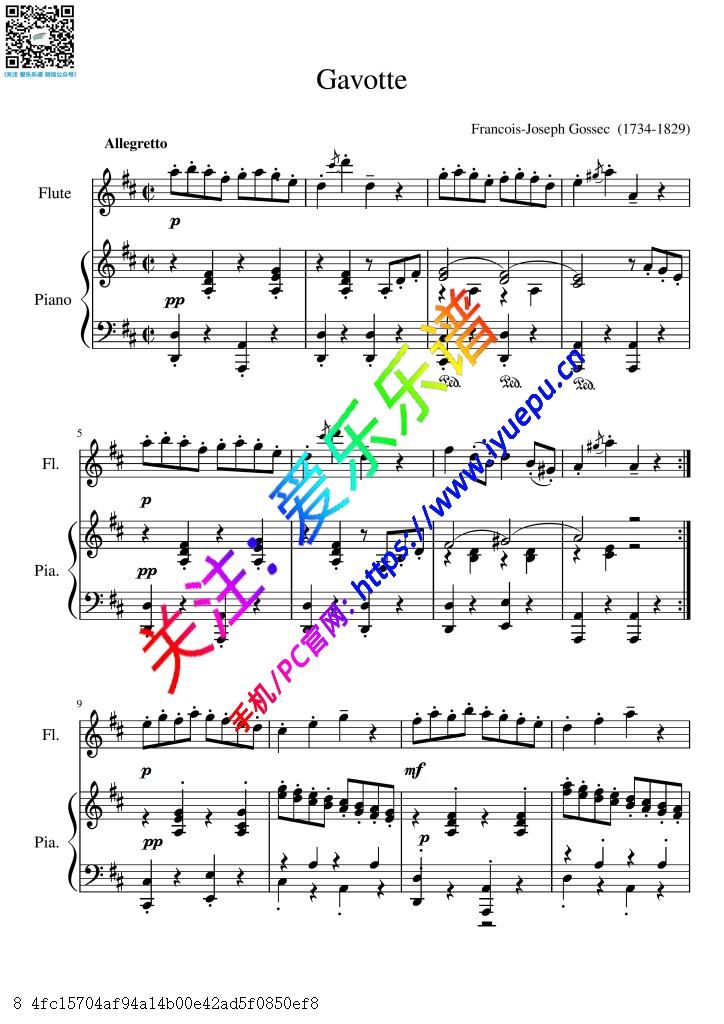 Gossec 戈塞克 加沃特舞曲 长笛谱与钢琴伴奏谱 Gavotte in D major 乐谱曲谱总谱分谱伴奏音乐在线预览试听下载