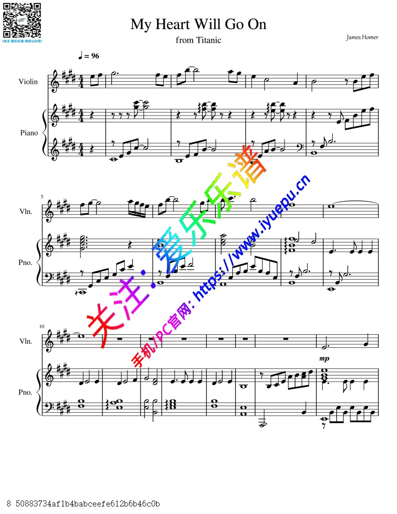 Titanic 我心永恒 My Heart Will Go On 小提琴谱与钢琴伴奏谱V1 乐谱曲谱总谱分谱伴奏音乐在线预览试听下载