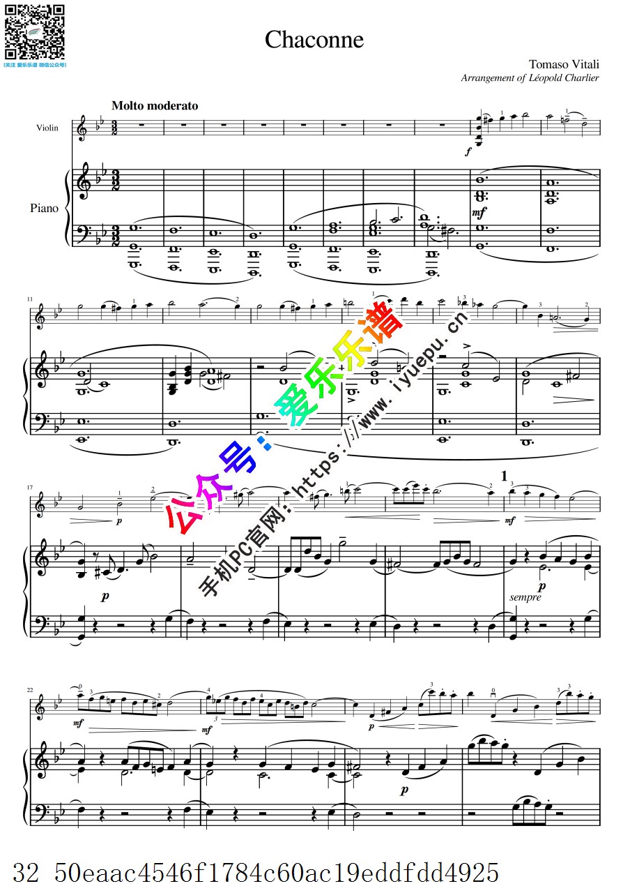 Vitali 维塔利 g小调 恰空舞曲 Chaconne 小提琴谱与钢琴伴奏谱 高清 乐谱曲谱总谱分谱伴奏音乐在线预览试听下载
