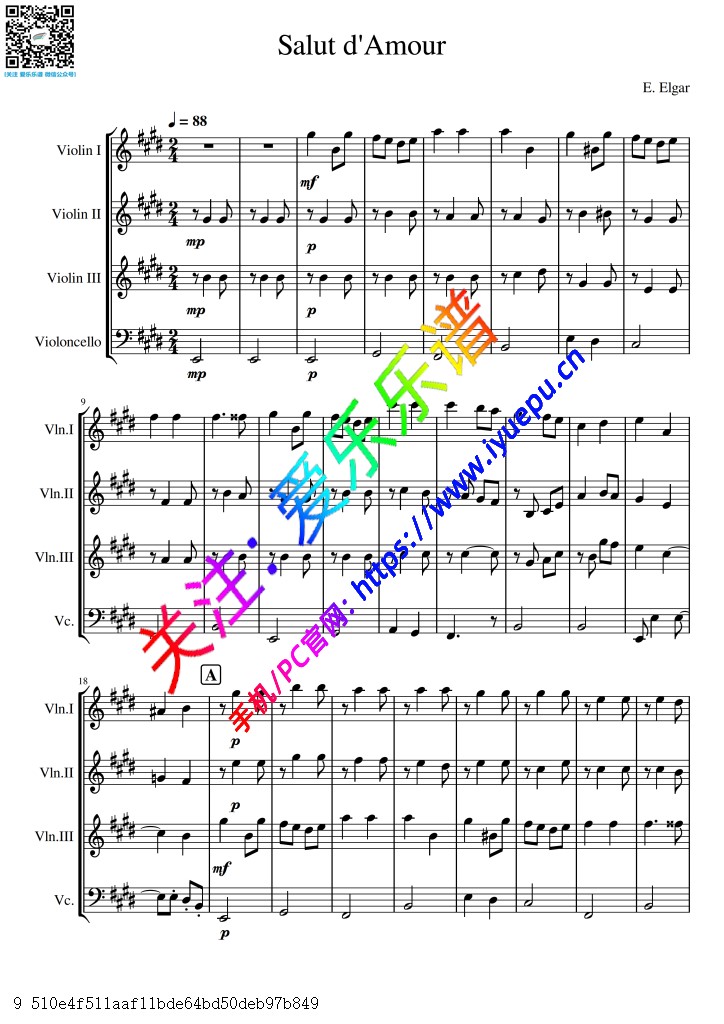 爱的礼赞 Salut d'Amour 爱的致意 3小提琴1大提琴 弦乐四重奏总谱与分谱E 乐谱曲谱总谱分谱伴奏音乐在线预览试听下载