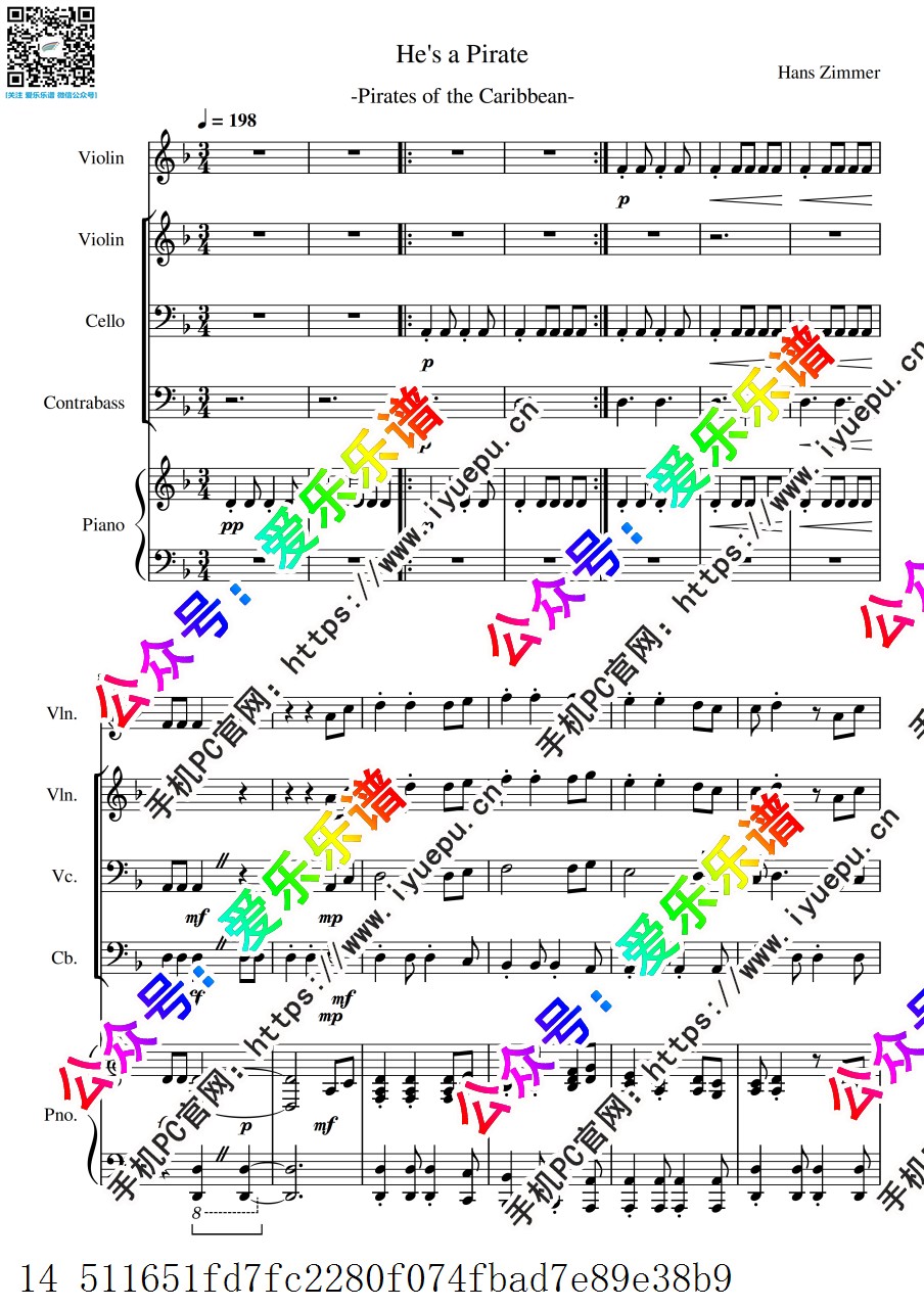 加勒比海盗主题曲 他是海盗 He's a Pirate 2小提琴大提琴低音提琴 四重奏与钢琴五重奏 总分谱 乐谱曲谱总谱分谱伴奏音乐在线预览试听下载