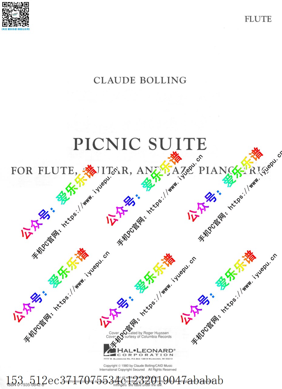 Claude Bolling克劳德-波林 PICNIC SUITE FOR FLUTE, GUITAR, AND JAZZ PIANO TRIO 野餐组曲 长笛古典吉他爵士钢琴三重奏 总分谱 原版 乐谱曲谱总谱分谱伴奏音乐在线预览试听下载
