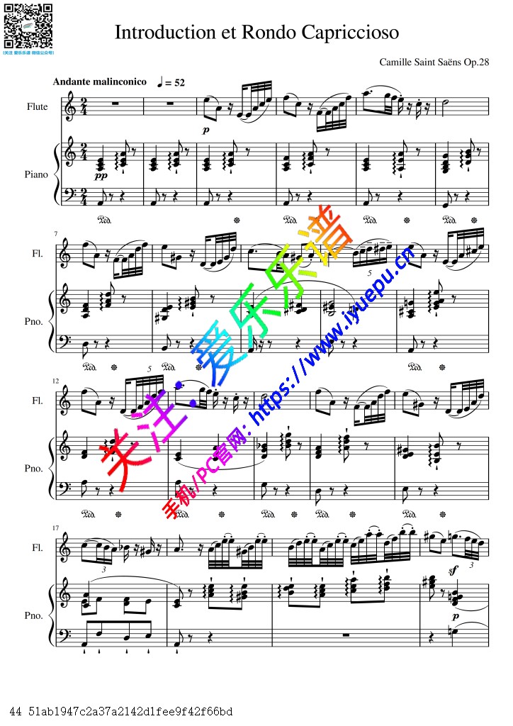 Saint-Saens 圣桑 引子与回旋随想曲 Introduction et Rondo Capriccioso OP28 长笛谱与钢琴伴奏谱 乐谱曲谱总谱分谱伴奏音乐在线预览试听下载