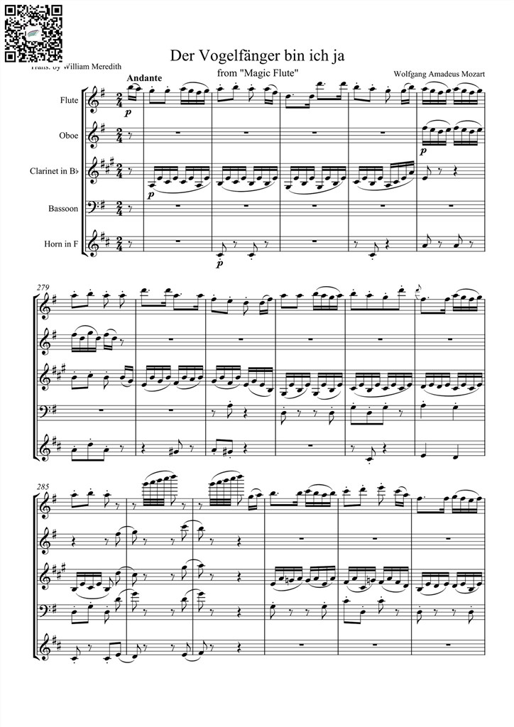 我是一个快乐捕鸟人Der Vogelfanger bin ich ja木管五重奏总谱 乐谱曲谱总谱分谱伴奏音乐在线预览试听下载