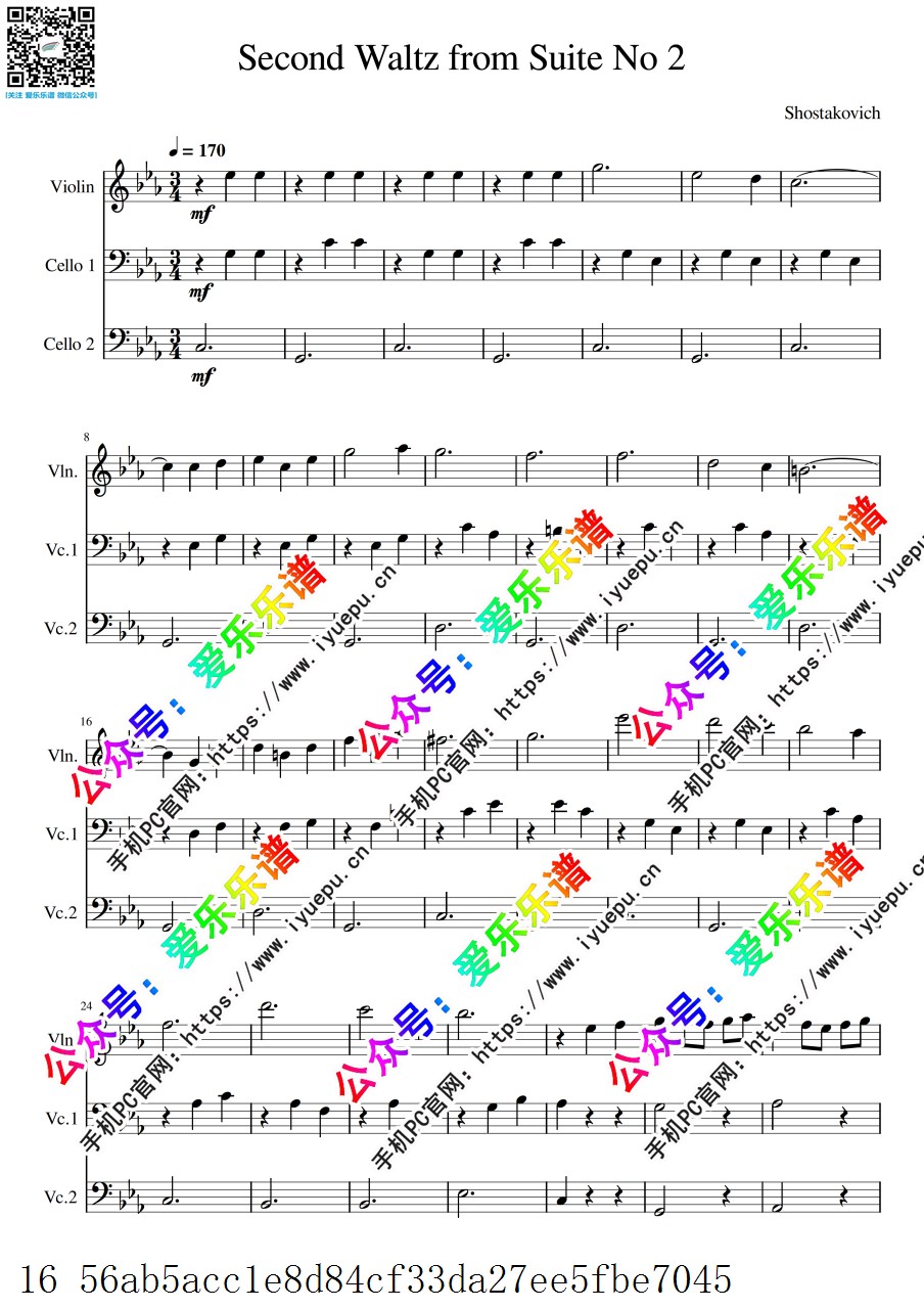 肖斯塔科维奇 The Second Waltz 第二圆舞曲 1小提琴2大提琴弦乐三重奏 V2-总谱和分谱 乐谱曲谱总谱分谱伴奏音乐在线预览试听下载