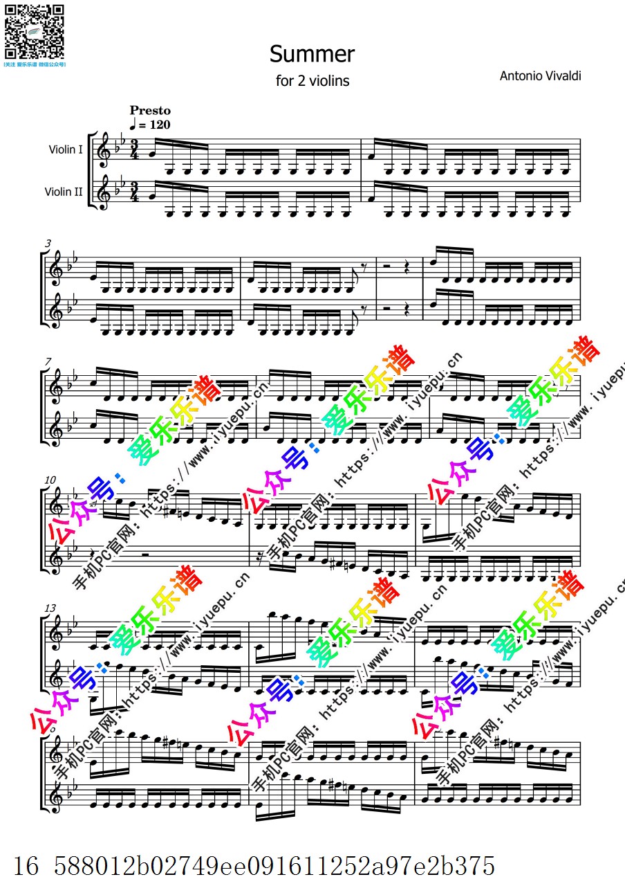 Vivaldi 维瓦尔第 四季 夏 Summer-Presto 第三乐章 暴风雨 双小提琴二重奏-总谱和分谱 乐谱曲谱总谱分谱伴奏音乐在线预览试听下载