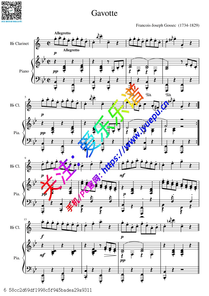 J.Gossec 戈塞克  Gavotte 加沃特舞曲 单簧管谱与钢琴伴奏谱V2 总分谱 乐谱曲谱总谱分谱伴奏音乐在线预览试听下载
