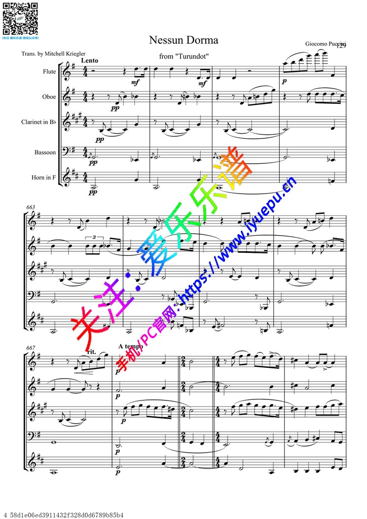 今夜无人入睡nessun dorma 木管五重奏总谱 乐谱曲谱总谱分谱伴奏音乐在线预览试听下载