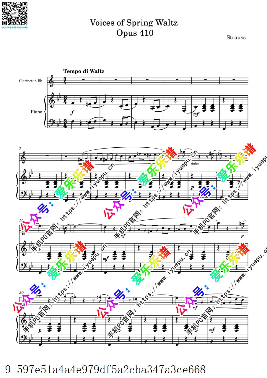 施特劳斯Fruhlingsstimmen 春之声圆舞曲 Voices of Spring  单簧管谱与钢琴伴奏谱 简化版 乐谱曲谱总谱分谱伴奏音乐在线预览试听下载