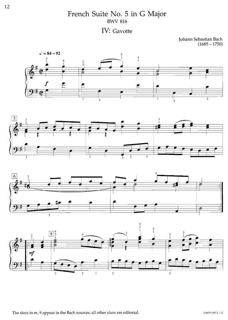 巴赫法国组曲French Suite5 BWV816-IV G大调加沃持舞曲 钢琴谱 乐谱曲谱总谱分谱伴奏音乐在线预览试听下载