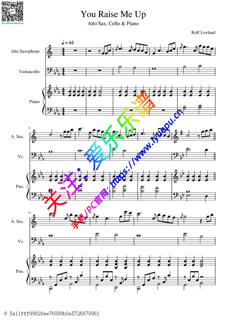 你鼓舞了我 You Raise Me Up 中音萨克斯大提琴钢琴三重奏总谱与分谱 BE 乐谱曲谱总谱分谱伴奏音乐在线预览试听下载