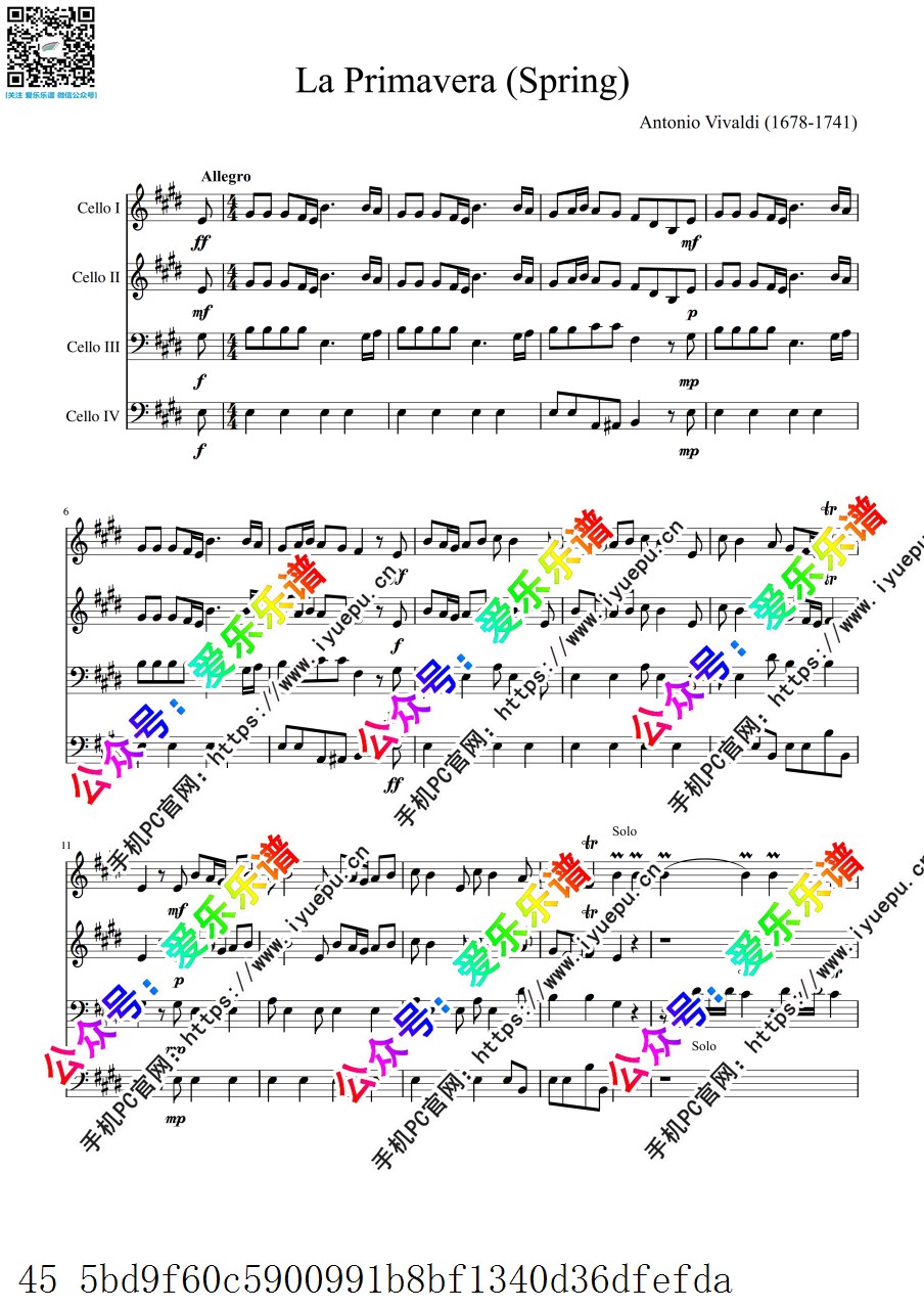 Vivaldi 维瓦尔第 四季-春 Spring RV269 全三乐章 4大提琴四重奏-总谱与分谱 乐谱曲谱总谱分谱伴奏音乐在线预览试听下载