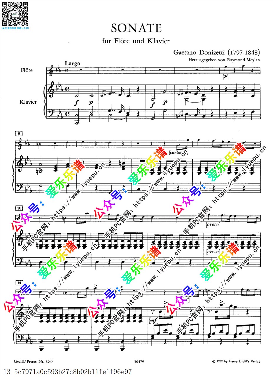 Donizetti 多尼采蒂 Flute Sonata A503 C大调长笛奏鸣曲 长笛钢琴伴奏谱 Peters原版 乐谱曲谱总谱分谱伴奏音乐在线预览试听下载