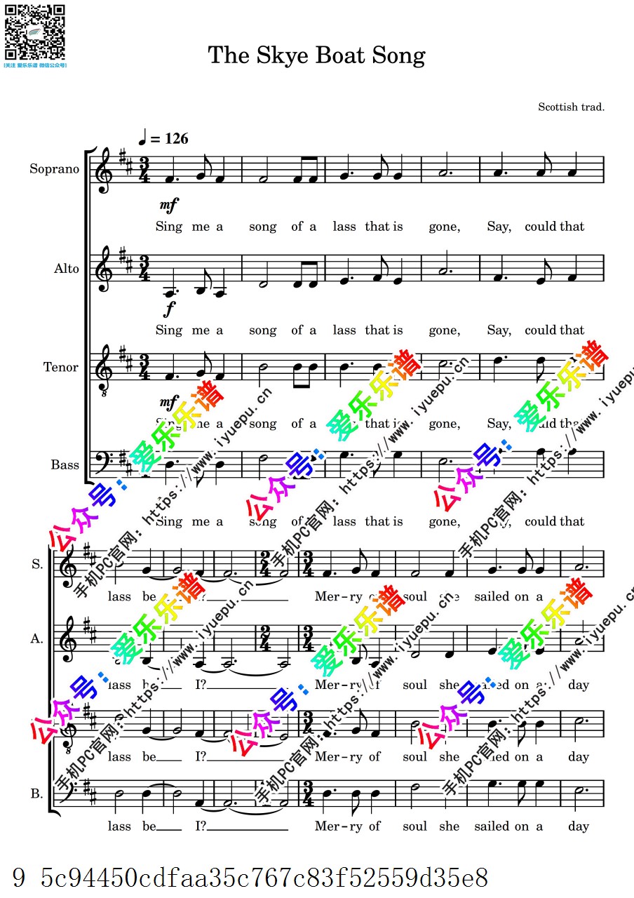 苏格兰民谣 The Skye Boat Song 斯凯岛船歌 SATB四声部合唱 声乐谱 总谱分谱 乐谱曲谱总谱分谱伴奏音乐在线预览试听下载