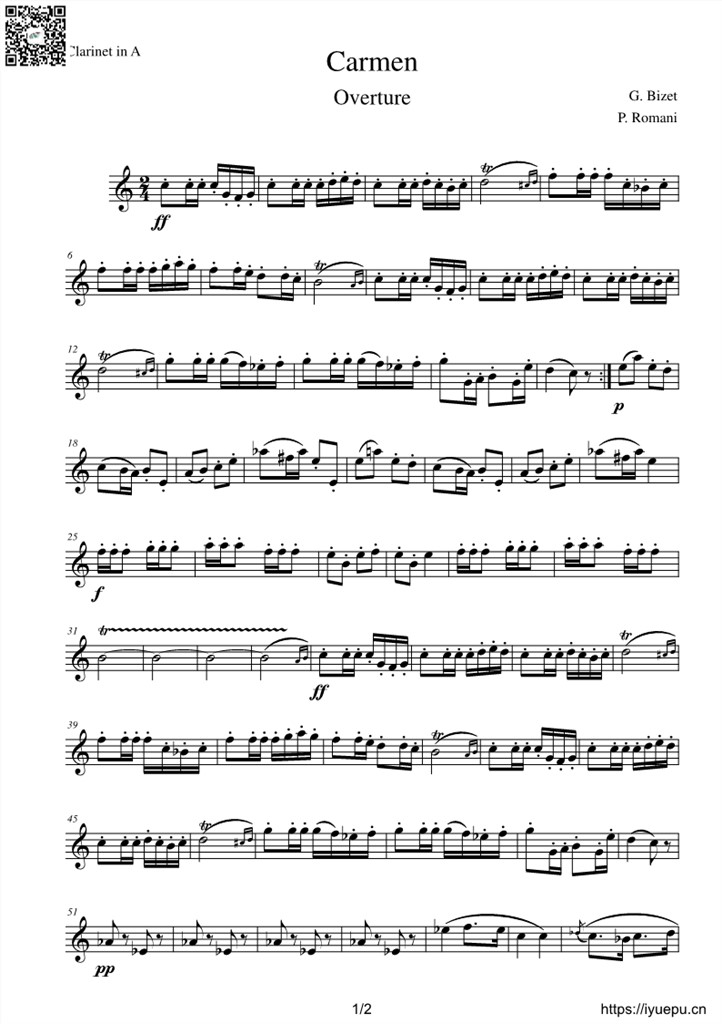 比才 卡门-序曲Carmen-Overture 单簧管谱 乐谱曲谱总谱分谱伴奏音乐在线预览试听下载