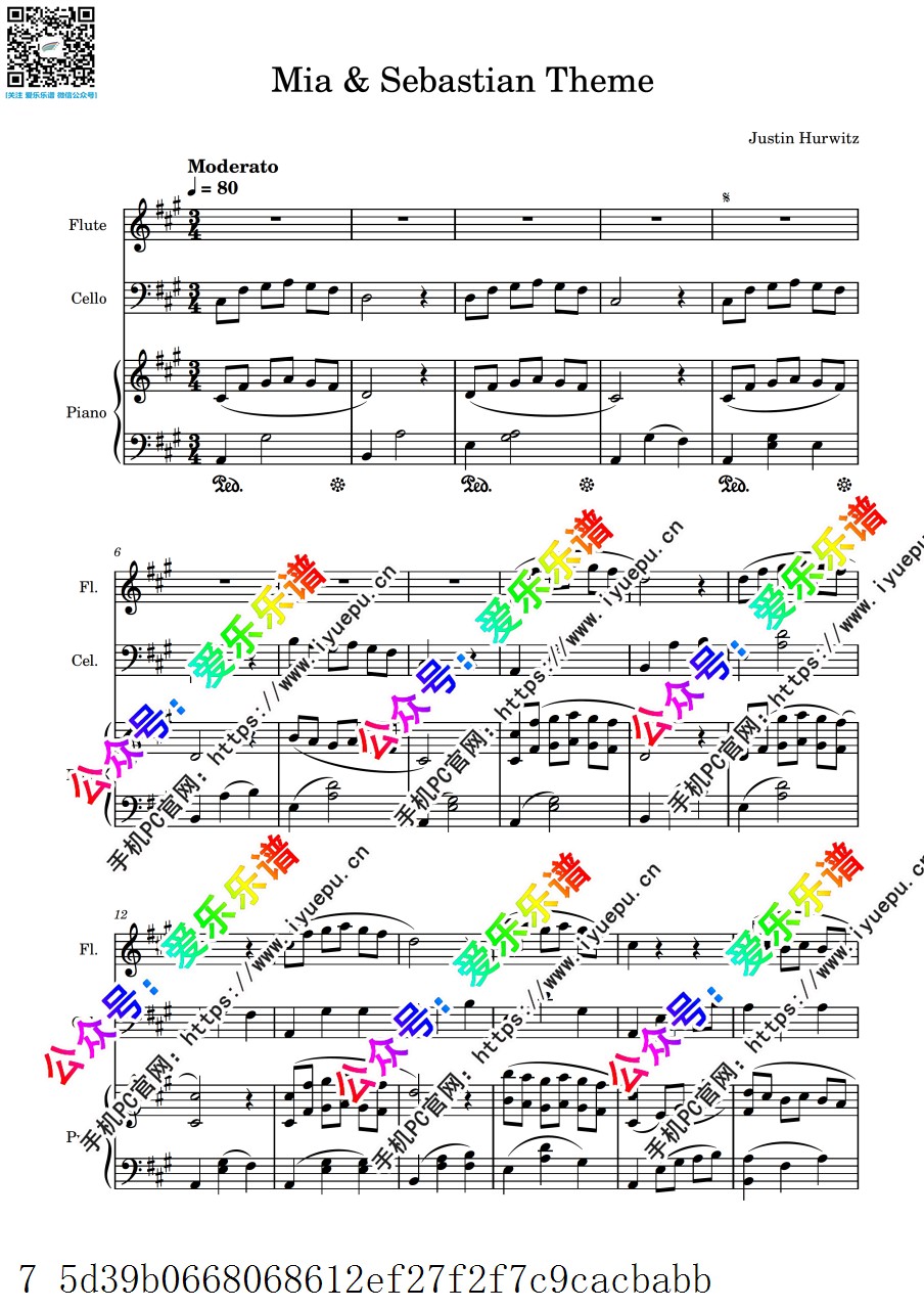 Lalaland 爱乐之城插曲 Mia - Sebastian's Theme 长笛大提琴钢琴三重奏-总谱分谱 乐谱曲谱总谱分谱伴奏音乐在线预览试听下载