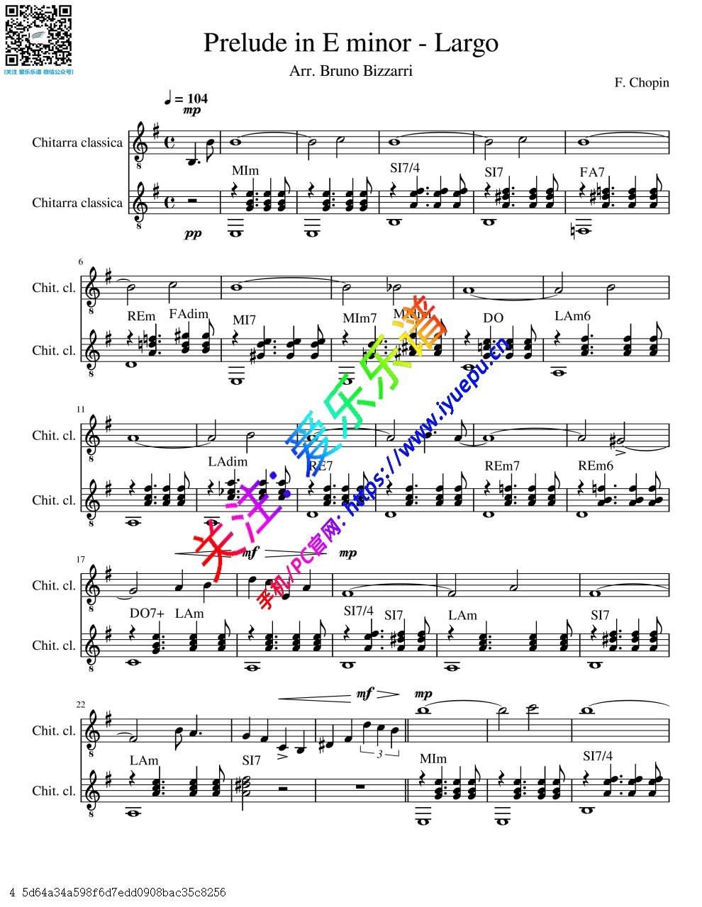 肖邦E小调前奏曲 广板 Prelude in E minor Op. 28 No. 4 2古典吉他二重奏-总谱与分谱 乐谱曲谱总谱分谱伴奏音乐在线预览试听下载