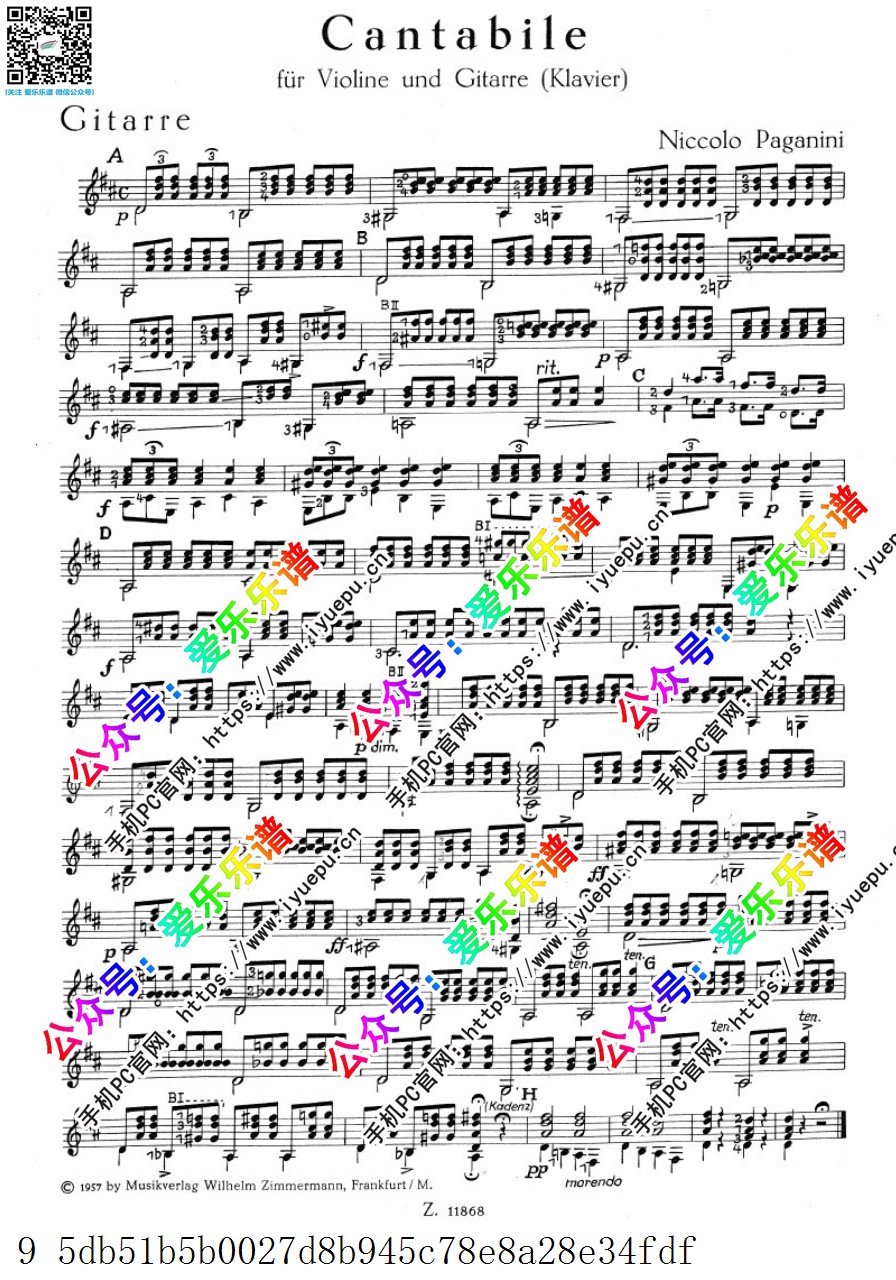 Paganini帕格尼尼 Cantabile Op.17 如歌的 小提琴分谱与吉他(钢琴)分谱 原版 乐谱曲谱总谱分谱伴奏音乐在线预览试听下载
