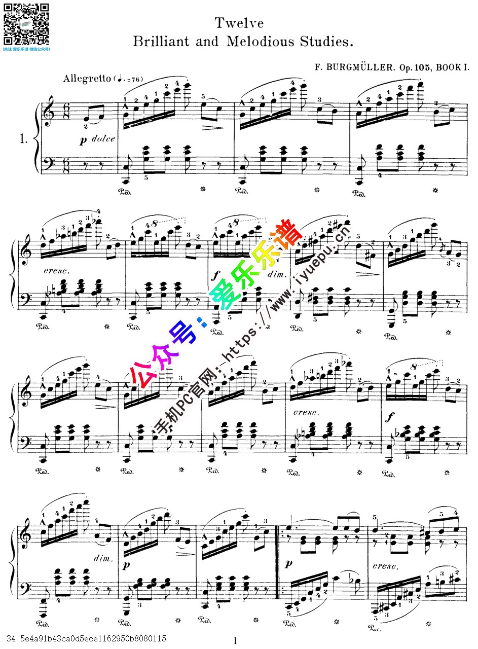 Burgmuller, Friedrich布格缪勒 12 Etudes, Op.105 十二首练习曲全 钢琴谱V2 原版 乐谱曲谱总谱分谱伴奏音乐在线预览试听下载