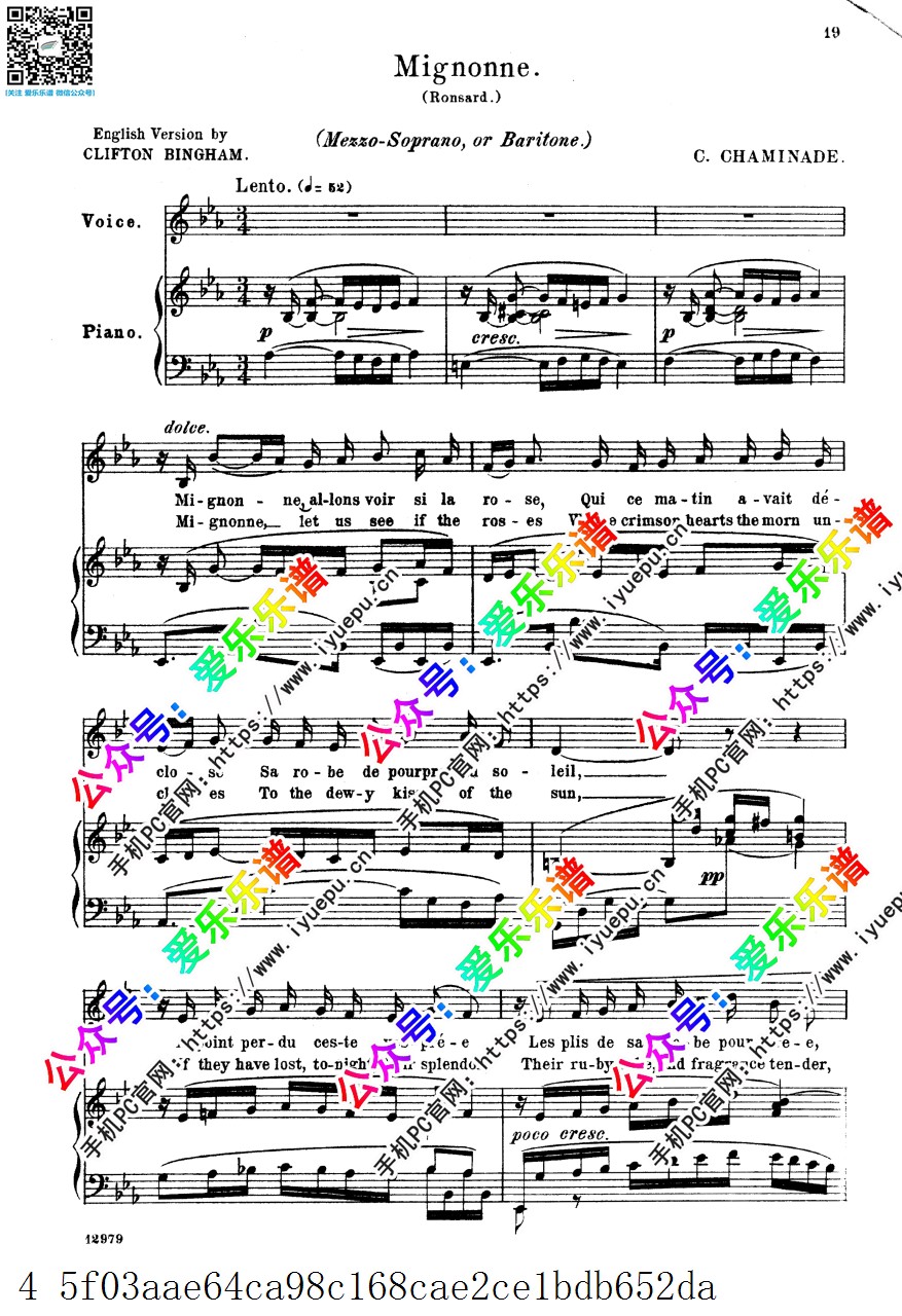 Chaminade, Cecile 夏米娜德 Mignonne 艺术歌曲 中音声乐钢琴伴奏谱 原版 乐谱曲谱总谱分谱伴奏音乐在线预览试听下载