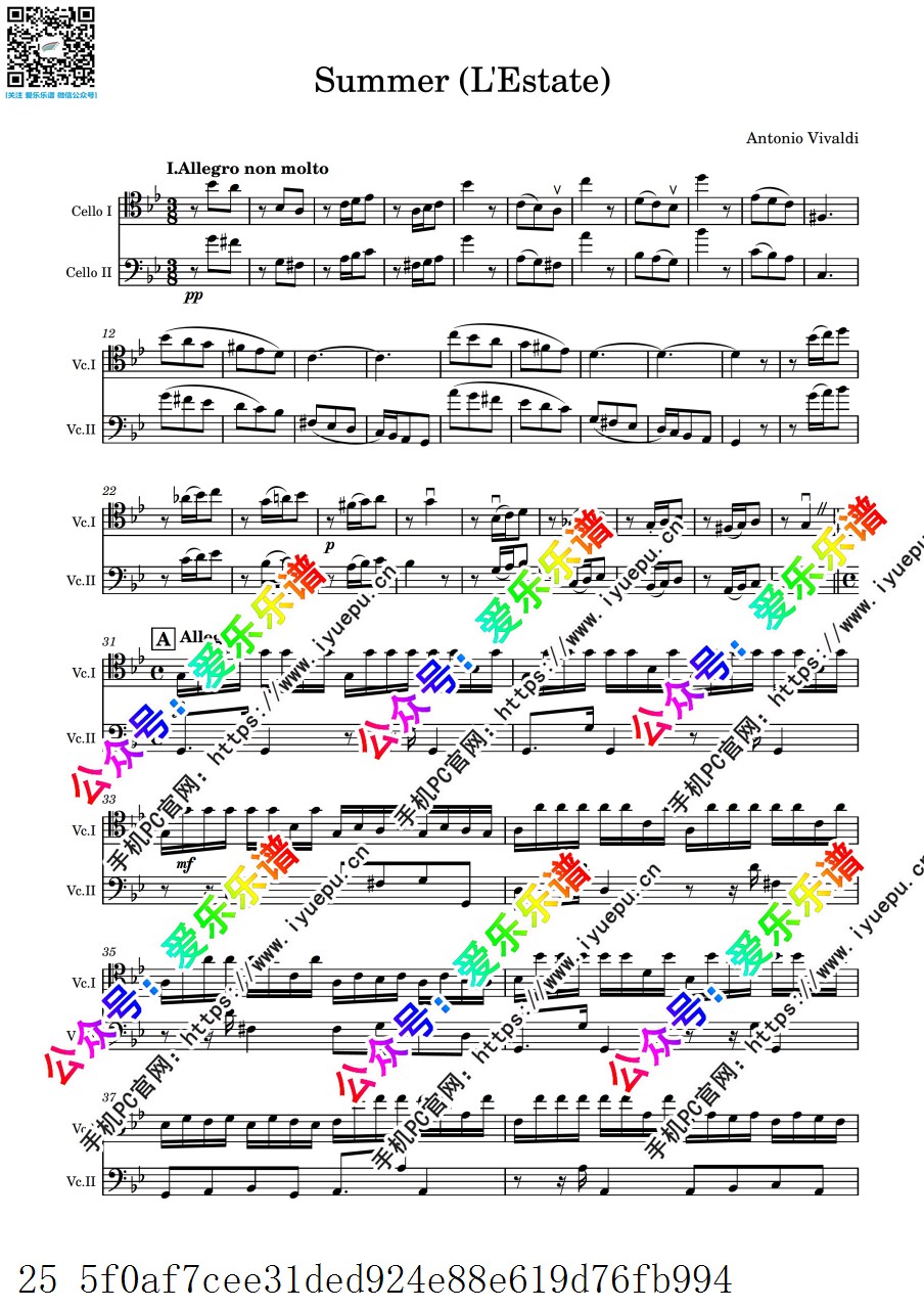 Vivaldi Summer RV315 OP.8 No.2 维瓦尔第 四季 夏 全三乐章 双大提琴二重奏 官版 总谱分谱 乐谱曲谱总谱分谱伴奏音乐在线预览试听下载