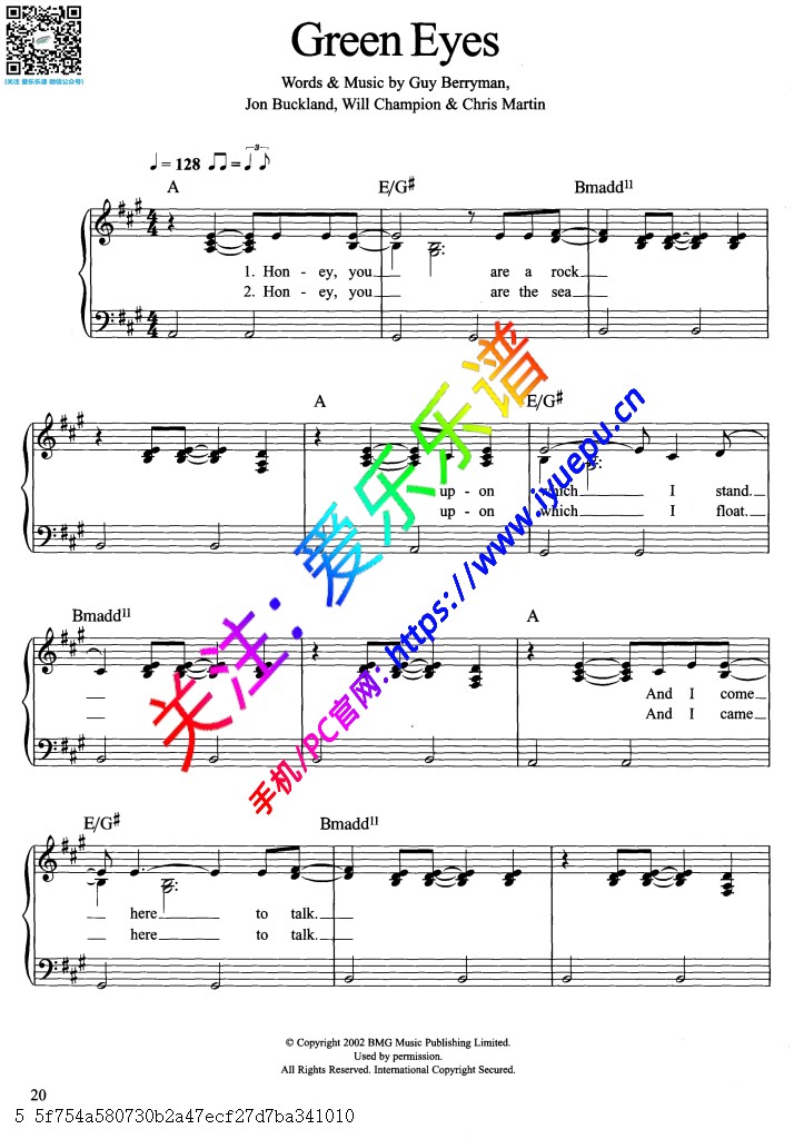 Coldplay -Guy Berryman-Green eyes 歌曲 钢琴弹唱谱 乐谱曲谱总谱分谱伴奏音乐在线预览试听下载