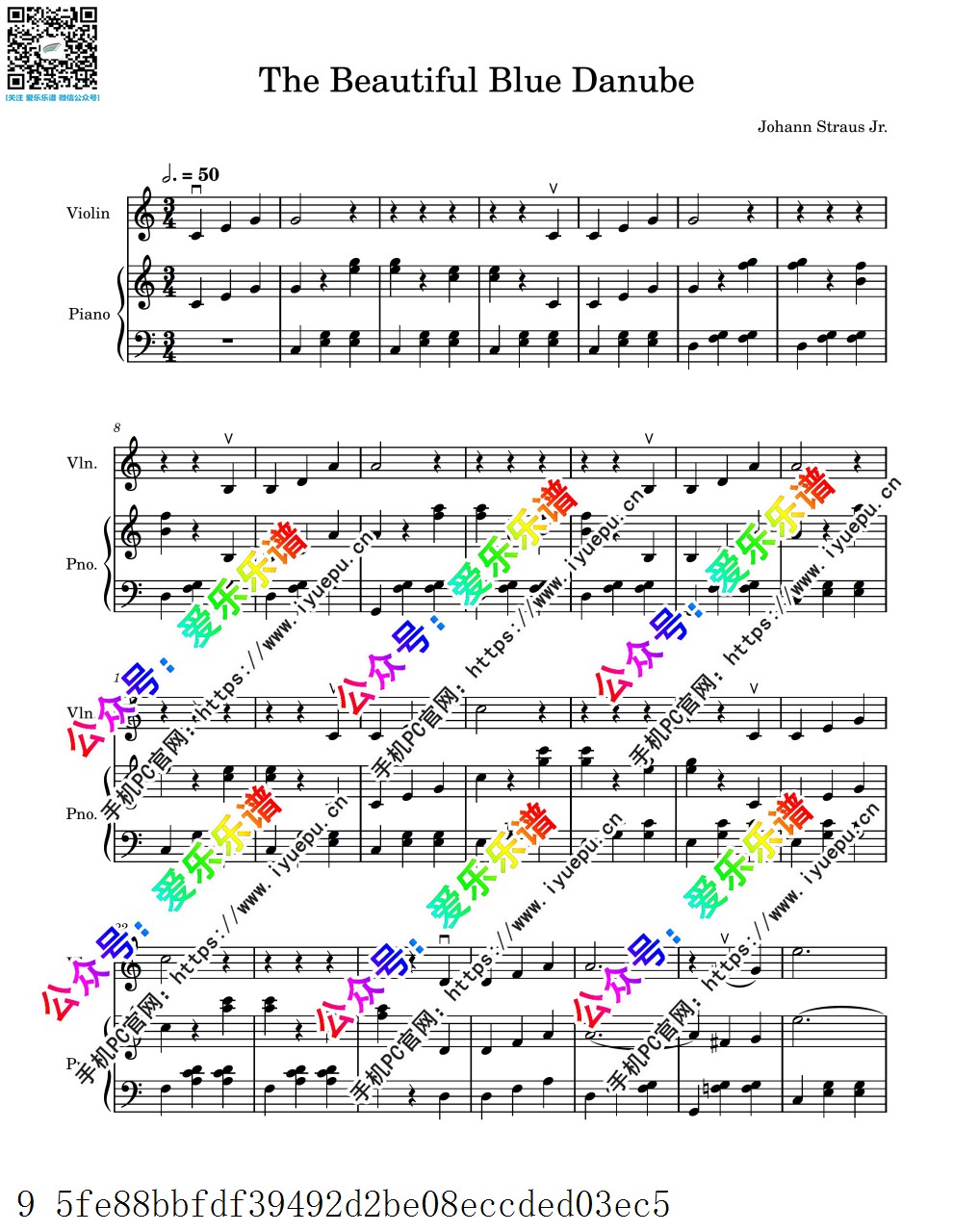 Strauss-The Beautiful Blue Danube蓝色多瑙河圆舞曲 Blue Danube waltz 小提琴谱与钢琴伴奏谱 乐谱曲谱总谱分谱伴奏音乐在线预览试听下载
