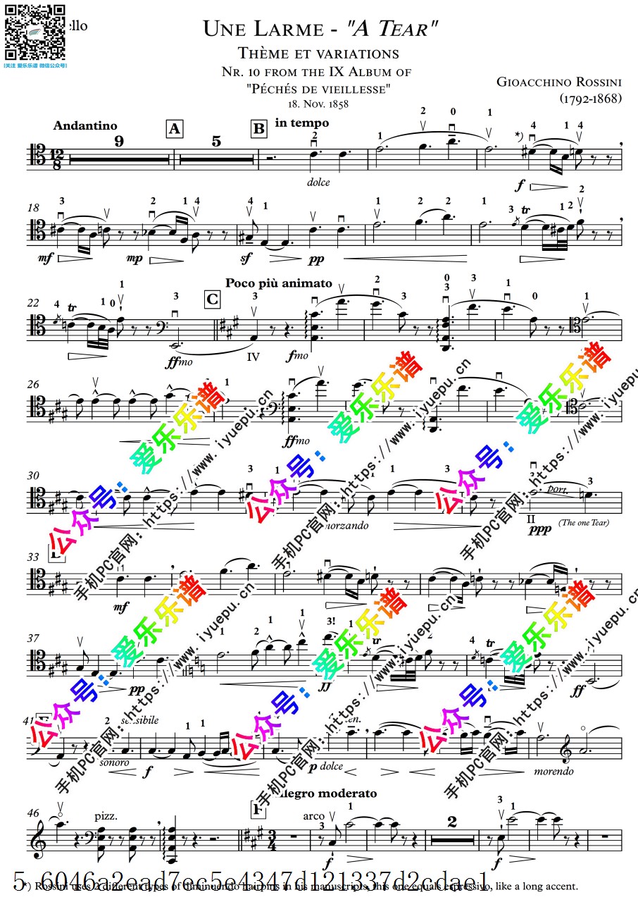 Rossini 罗西尼- une larme  泪 大提琴谱 乐谱曲谱总谱分谱伴奏音乐在线预览试听下载