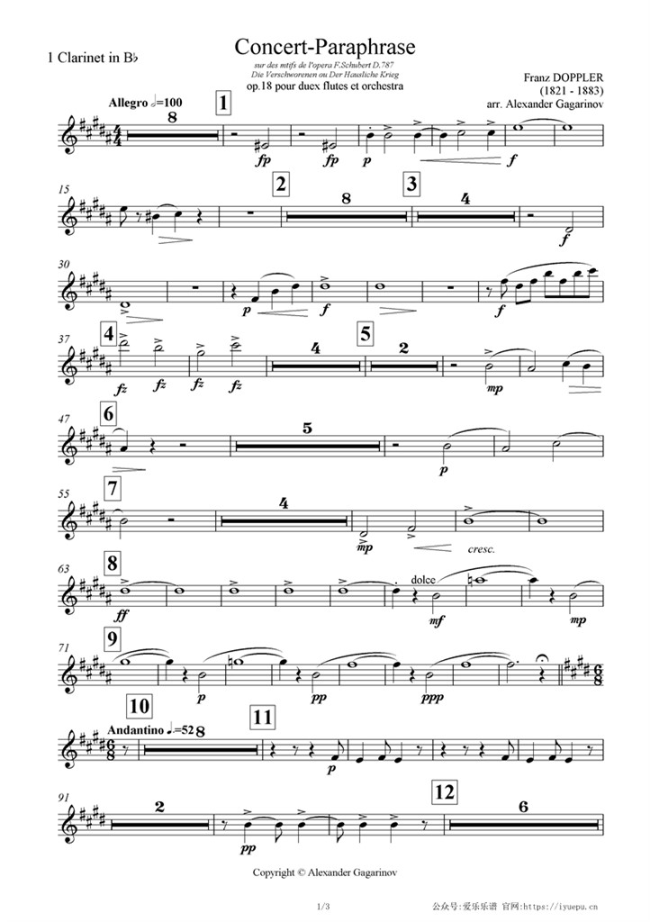 Clarinet1多普勒 Concert paraphrase Op18交响乐管弦乐团队谱 单簧管1分谱 inBb 乐谱曲谱总谱分谱伴奏音乐在线预览试听下载