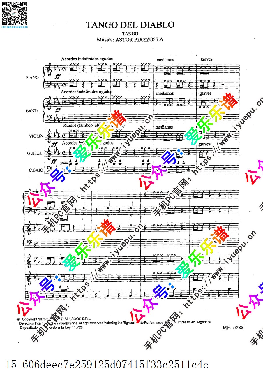 Astor Piazzolla皮亚佐拉 Tango Del Diablo for Piano,Bandoneon,Violin,Guitar and Contrabass 恶魔的探戈 五重奏 总谱 原版 乐谱曲谱总谱分谱伴奏音乐在线预览试听下载